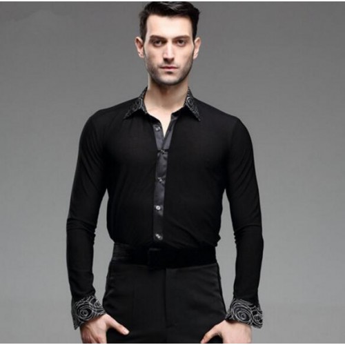 Black Man Ballroom Dance Tops Long Sleeve Mens Latin Shirts Lapel/Collar 50-90kg Practice/Performance Dancewear Top